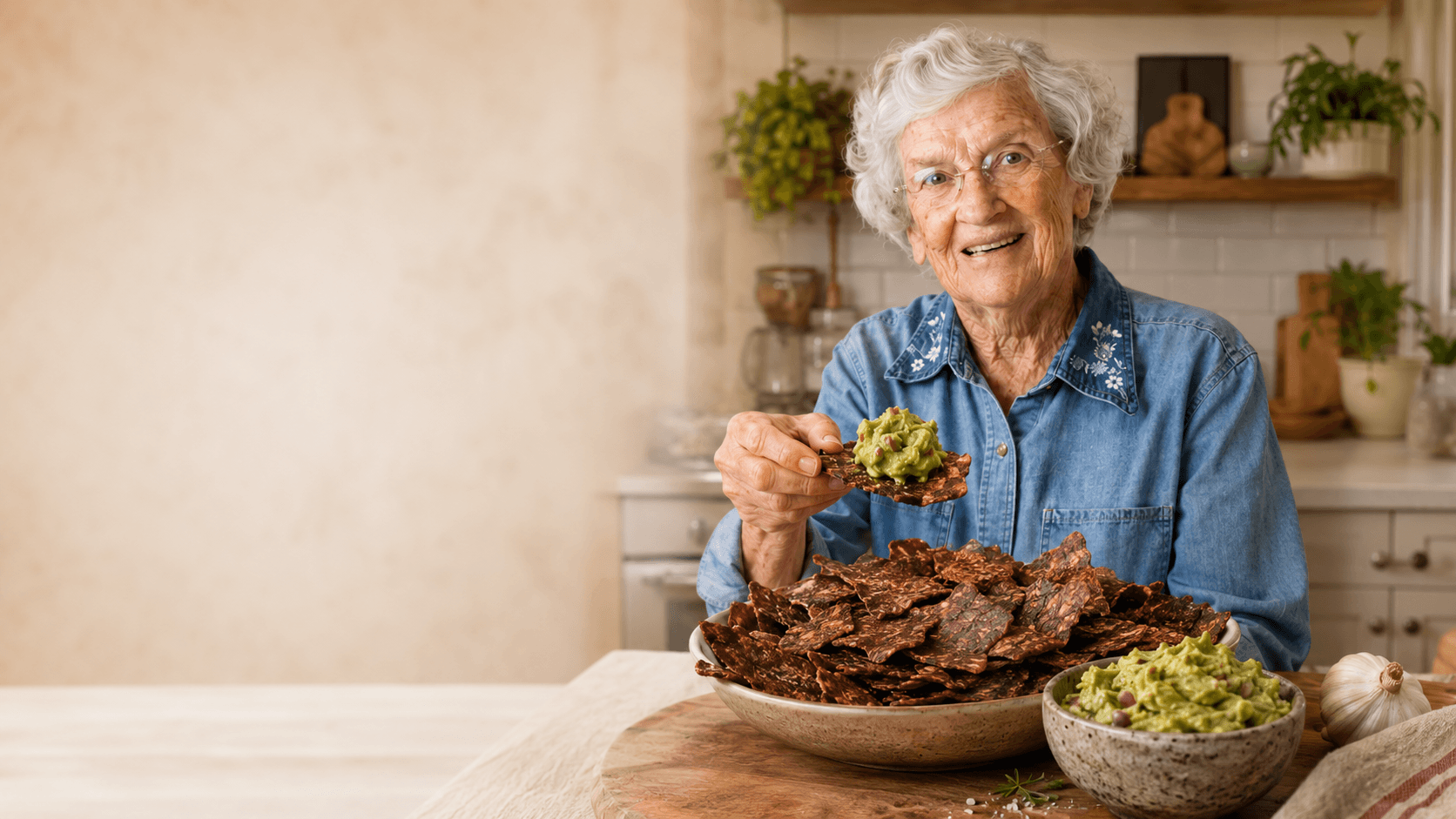 Betty smiling in her kitchen, holding a crispy beef chip topped with a scoop of guacamole over a big bowl of Betty's Beef Chips